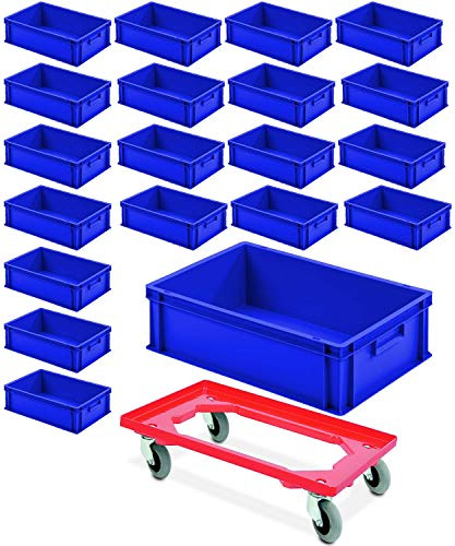 BRB 20x Eurobehälter mit 2 Griffleisten, 600x400x175 mm, blau PLUS Transportroller mit Flüsterrollen…