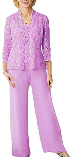 Donna Pantaloni Abiti Pizzo Giacca Vestito Plus Size Maniche Piene Madre della Sposa Abito Lilla 52