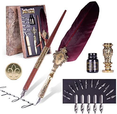 AOMAYLL Kalligraphie Feder,Vintage Federkiel Dip Quill Pen, with 17 Replacement Tips,Pen Holder,Ink,Seal Stamp-Perfektes für Anfänger und Profis