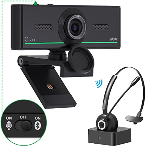 Gsou Webcam avec casque et microphone, webcam 1080p avec cache de confidentialité, caméra Web Plug and Play pour réunions Zoom sur ordinateur de bureau, audio Bluetooth uniquement pour casque