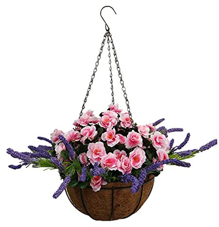 Künstliche Blumen aus Seide für drinnen und draußen, Rosa Azaleen und Lila Lavendel, Blumenkette, Hängekorb, Blumentopf (großer Korb)
