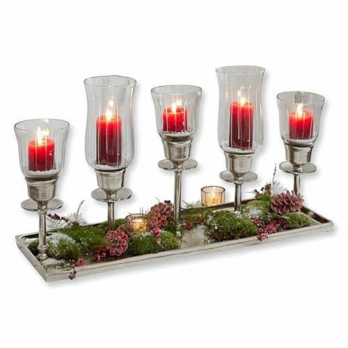 Loberon Kerzentablett Ennedi, Silber/klar | Deko Tablett - Kerzenständer Aus Edlem Aluguss & Glas - Für 5 Teelichter & Stabkerzen - 38 x 61 x 20 cm