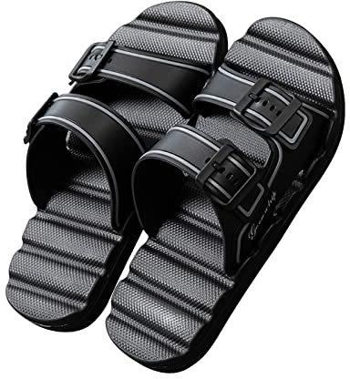 TXTC Bequeme Slide-Sandalen Wasserdichte Hausschuhe Flache Wanderschuhe Für Herren Sommer-Strandpantoffeln Mit Massage-Zwischensohle,Doppelschnalle Verstellbar (Color : Black, Size : 43 EU)
