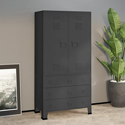 Garderobenschrank Metallschrank Umkleideschrank mit 3 Schubladen und 2 Türen, Kleiderschrank Stahlschrank Schrank Umkleidespind Spind Stahlspind (2 Einlegeböden und 1 Kleiderstange) Anthrazit