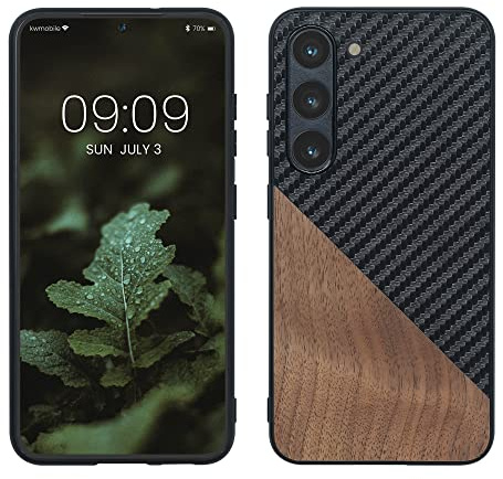kwmobile Coque Compatible avec Samsung Galaxy S23 - Housse en Bois et Fibre Carbone Brun foncé-Noir