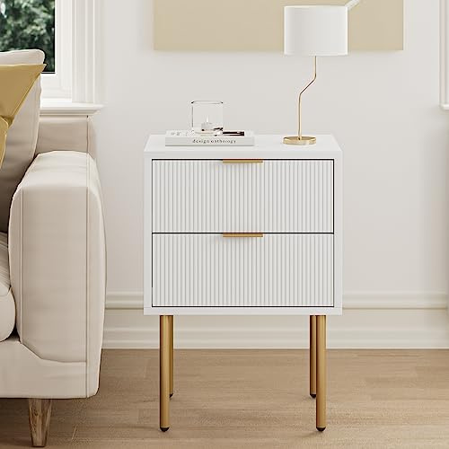 Masupu Nightstand,Mid-Century Modern Bedside Table with 2 Storage Drawer,Small Gold Frame Side End Table for Bedroom,Living Room, White