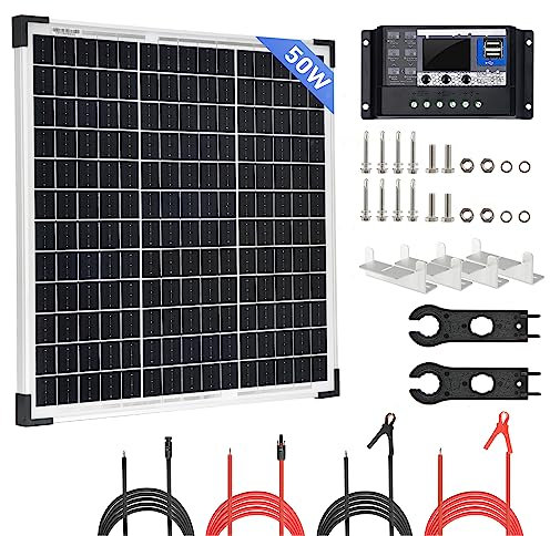 50W Solar Panel Kit 12V Módulo Monocristalino de energía fotovoltaica con regulador de carga, cables solares y Z Soportes para Autocaravana, Cobertizos, Barco, Campervan