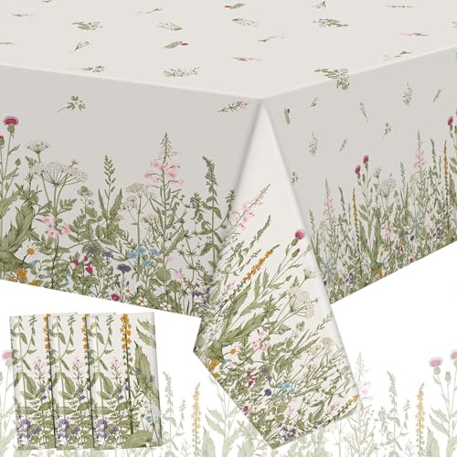 Newwiee 4 Pcs Herbs and Wild Flowers Plastic Tablecloth Rectangle Floral Rustic Farmhouse Washable Table Cover for Party Decor Dining Picnic Holiday, 54 x 108 Inch (Herbs and Wild Flowers)