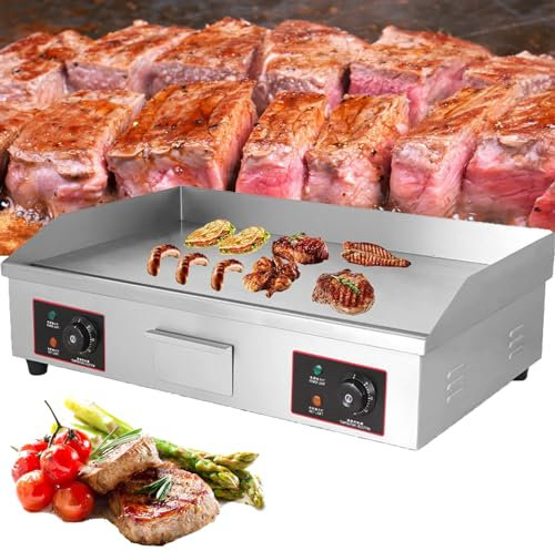 GBHJJ Piastra Elettrica Professionale Griglia in Ghisa Liscia Commerciale, Piastra Elettrica per Cucinare, Bistecchiera Elettrica in Acciaio Inox, per Camping e Ristorante, 4000W Argento,822