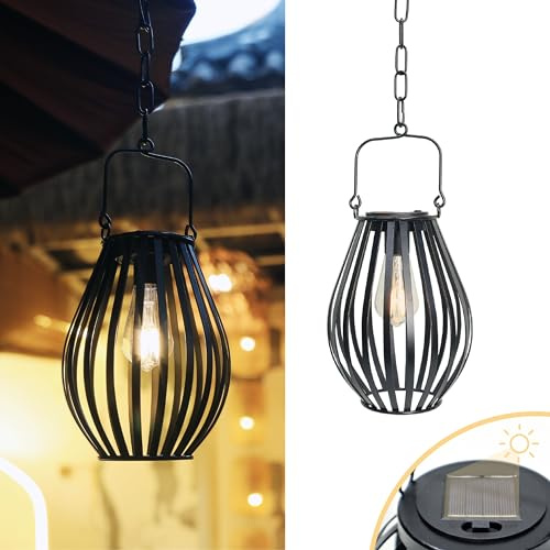 LUCOZA Solarlaterne für Außen Hängend, Wasserdichte Solarlampe aus Metall mit Kettchen und Haken, Dekorative Ovale Gartenleuchte, Groß Solarleuchte für Garten Balkon Terrasse Outdoor, Schwarz (L)