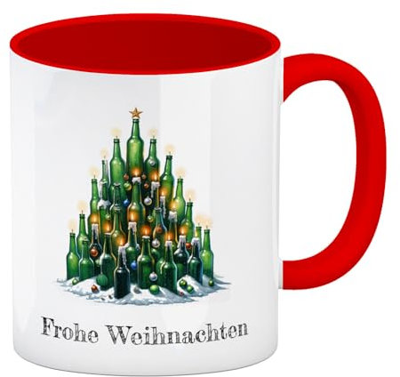 Weihnachtsbaum aus Bierflaschen Kaffeebecher in rot und Spruch Frohe Weihnachten Weihnachtstasse als Festliches Deko-Unikat mit Lichtern, Kerzen und Kugeln, Tasse ideal für