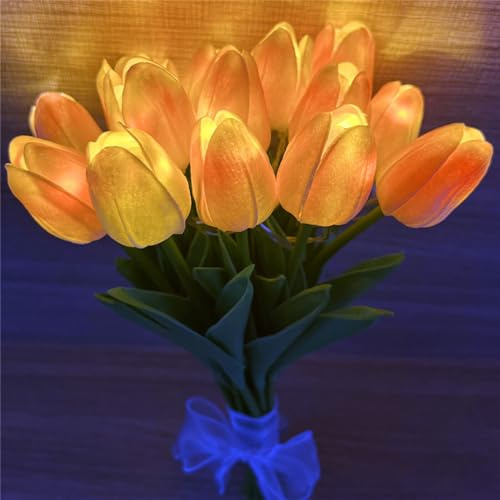 Eonant 10 pezzi di tulipani artificiali con luci LED, bouquet di tulipani al tatto realistico, alimentato a batteria, ideale per Natale, festività, matrimonio, fotografia, decorazione della casa