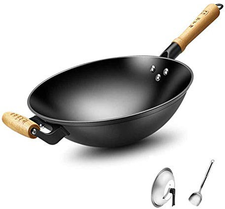 Wok in ghisa Fatto a Mano, con Padella Antiaderente Non Rivestita, fornello a Gas Vecchio Stile, Piano Cottura a induzione, Adatto per Cucinare Wok(B 36CM)