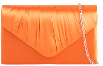 A2ZUKFashion Damen-Handtasche, plissiert, Satin, stilvoll, Hochzeit, Party, Abschlussball, Damen-Handtasche, Silberkette, schöne Farben, Orange