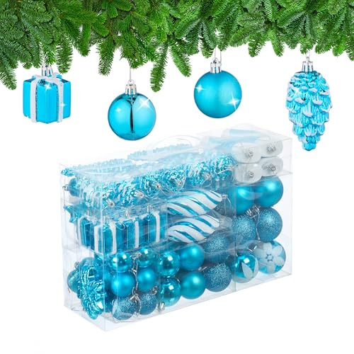 Relaxdays Weihnachtskugeln 72er Set, glitzernde, Petrol | matte & glänzende Baumkugeln, Stiefel, Herz, Zapfen, Kunststoff