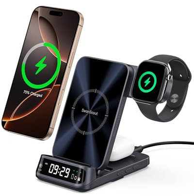 SwanScout Wireless Charger for iPhone, 3 in 1 Charging Station for iPhone 17/Air/16/15/14/13/12, Foldable Charging Stand for Apple Watch Ultra 3/11/10/9/8/7/6, for AirPods, SwanScout 708A (NO Adapter)