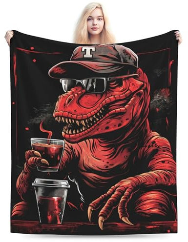 yomeeaaaa Flanelldecke mit rotem Dinosaurier in Hut, weiche, stilvolle und vielseitige Decke für alle Altersgruppen, ideal für Couch, Bett, Büro, Reisen, alle Jahreszeiten, 127 x 152,4 cm