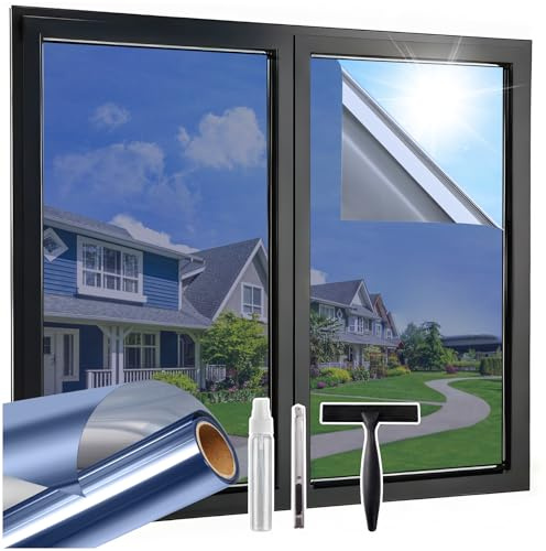 Lifetree Spiegelfolie Fensterfolie Blickdicht Sichtschutz von außen, 90x200 cm, Sonnenschutzfolie mit UV-Schutz und Hitzeschutz, selbstklebend, ideal für Wohnzimmer und Büro, Blau-Silber