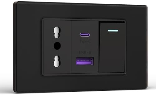 BSEED Prese Elettriche da Muro, Presa Bipasso e Interruttore 1 Gang 2 Vie con 20W Carica Rapida, Presa Bivalente 10A/16A con USB A e USB C 118mm, Presa USB da Muro per Ufficio e Casa, Nero