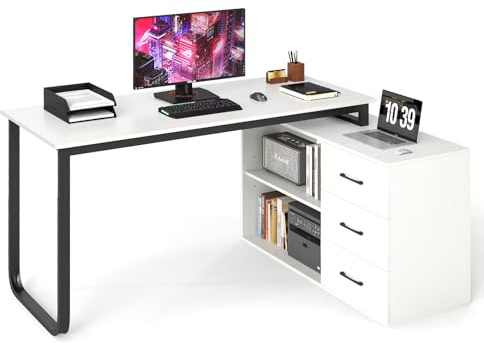 COSTWAY L-Shaped Computer Desk, 140cm Large Corner Desk Working Writing Study Table with 3 Drawers & 3 Storage Shelves, Modern Wooden Home Office PC Laptop Gaming Workstation (White)