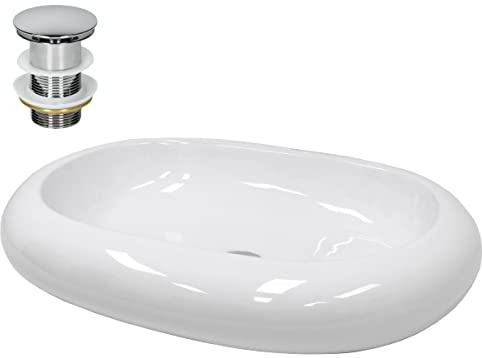 LuxeBath Waschbecken Keramik 630x420x120 mm oval Weiß mit Ablaufgarnitur Silber, Kieselstein Form, Aufsatzwaschbecken für Badezimmer/Gäste-WC, Modernes Aufsatzbecken, Waschtisch Waschschale Waschplatz