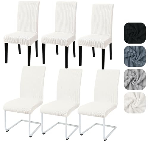 Alishomtll Stretch Stuhlhussen Kurzflor Hussen Schwingstuhl 6er Set Weiß | Universal Streifen Stuhlhussen, Elastisch Abnehmbar Stuhlbezug, Waschbarer Stühle Schutz für Küche Esszimmer Hotel Bankett