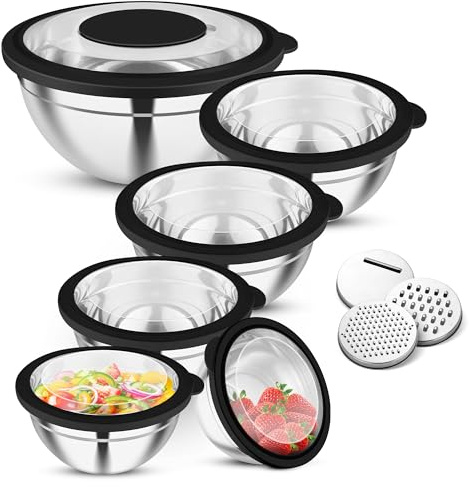 Joyfair Rührschüssel 6er Set, Edelstahl Schüssel mit Transparenter Deckel & 3 Reibenaufsätzen, 4,5L/2,7L/2L/1,5L/1,2L/0,7L, Salatschüssel zum Kochen Backen, Stapelbar & Spülmaschinenfest, Schwarz