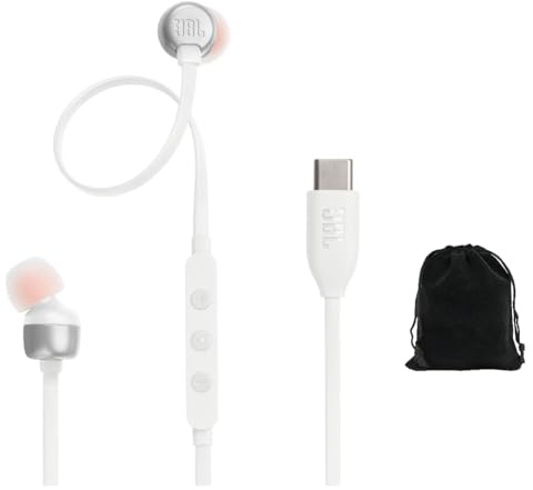 JBL Tune 310C Wired Hi-Res USB-C in-Ear Headphones with Microphone, Tangle-Free Flat Cable, 3-Button Remote, Pure Bass Sound, Compatible with iPhone, iPad, Android – White, Includes Travel Pouch