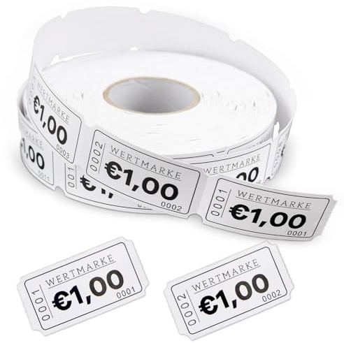 WJMY Wertmarkenrollen, 1000 Blatt, Essensmarken&Getränkemarken, Fortlaufende Nummerierung, Leicht Abreißbar, für Partys Vergnügungsparks Kneipen Hochzeiten (1 Euro)