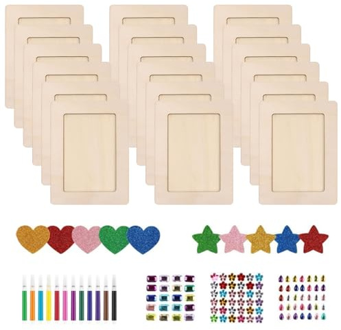 Set de 18 Marco de Fotos de Madera 15x20cm - Marco de Fotos para Pintar con 12 Colores de Agua y Diamantes de Imitación Pegatinas, Kit Creativo Marcos De Fotos De Madera Personalizar Manualidades