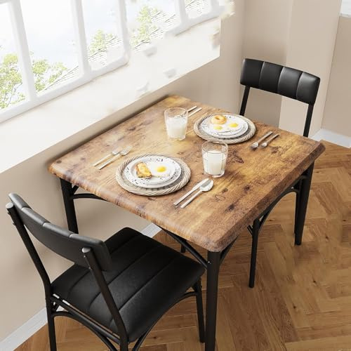 Salutmeuble 3-teiliges Küchentisch-Set, Tisch und Stühle für 2, quadratischer Esstisch aus Metall und Holz mit 2 gepolsterten Stühlen, Esstisch für kleine Räume (Schwarz + Braun)