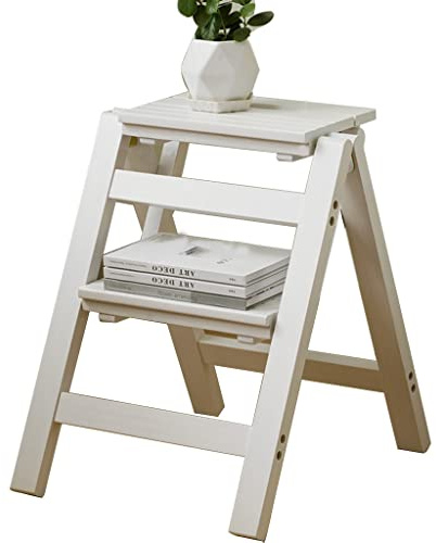 Marchepied pliable en bois à 2 marches pour rangement de cuisine - Blanc - Robuste - Design compact - 38,5 x 38,5 x 50 cm