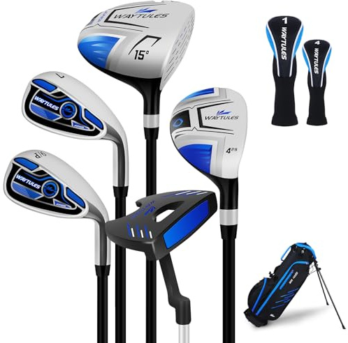 Kids Golf Clubs Set 7 Pieces for Boys & Girls Ages 9-12, Junior Golf Set with Stand Bag, Driver, Hybrid, Irons & Putter, Youth Golf Club Set Right Handed(Blue)