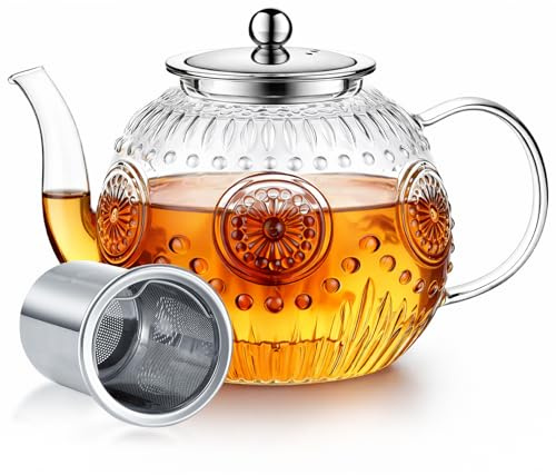 Teekanne mit Siebeinsatz, STNTUS Teekanne Glas mit Sieb 1,2L, Glaskanne mit Teesieb für Losen Tee, Teeblumen, Borosilikatglas Glasteekanne mit Teesieb, Teebereiter, Tropffrei Teekannen Hitzebeständig