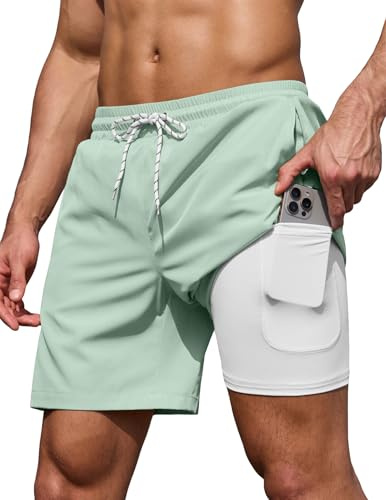 COOFANDY Mens Swim Trunks 7 Inch Board Shorts Swimwear Summer Beach 5 Inch Quick Dry Lined Bathing Suits Light Mint Green