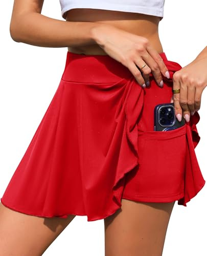 Lovasy Falda Pantalon Deporte Mujer con Bolsillo Falda Plisada Deportiva de Tenis 2 En 1 Falda Atlética de Golf para Correr Yoga Bádminton Casual,Rojo,XL