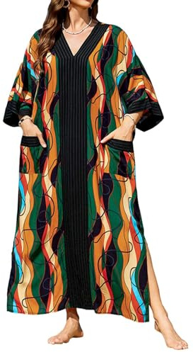 Orshoy Womens Beach Kaftan Cover Ups Maxi Caftan Dresses Kimono Tunic Bathing Suit Loungewear Swimsuit with Pockets