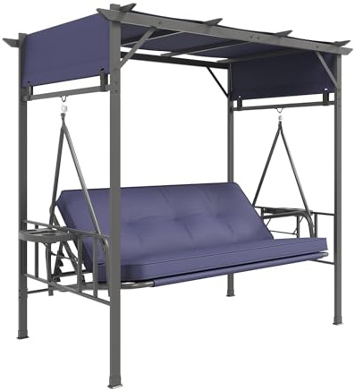 YODOLLA 3-Seater Garden Swing Chair with Adjustable Canopy, Convertible Swing Bed with Heavy-Duty Steel Frame, Outdoor Swing Hammock with Cushion for Patio, Garden, Porch (Navy Blue)