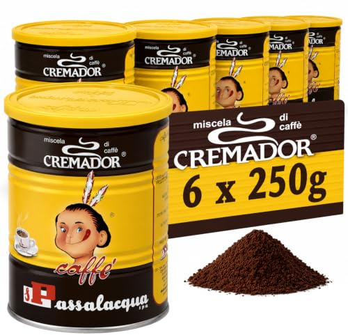 Passalacqua Cremador Caffè Premium Macinato – 6 Lattine 250g (1,5kg) - Tostatura Autentica Napoletana 70% Arabica - Ideale per Moka ed Espresso - Cremoso Vellutato Note di Miele, Cioccolato, Nocciole