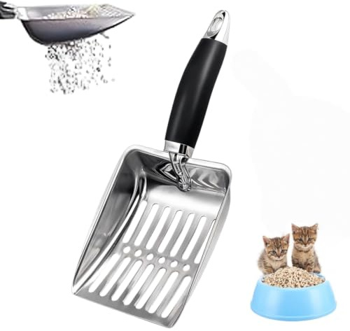 Zwenjuan Cat litter scoop, metall katt litter scoop med handtag, för alla kattliter, sol, sand, stenar, kompost, trädgårdstvål (svart)