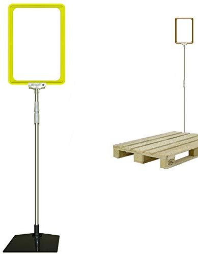 Plakatständer DIN A4 Rahmen gelb, Teleskopständer höhenverstellbar bis 1510 mm mit Teleskoprohr ALU Kunststoff, Fuß eckig 160x192 mm Stahl schwarz, Kundenstopper, Aufsteller für Paletten Ware