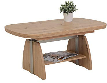 Hela Tische, Funktionscouchtisch Colin, Holzwerkstoff melaminbeschichtet, Dekor Eiche, Ablageboden, ausziehbar 107-156, höchenverstellbar mit Lift 53-69cm