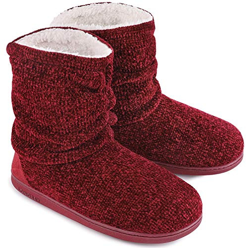 Ladies Bootie Slippers Memory Foam Fur Collar Bootee Plush Lined Women Boots with Non Skid Indoor Outdoor Sole, 7/8 UK, Burgundy
