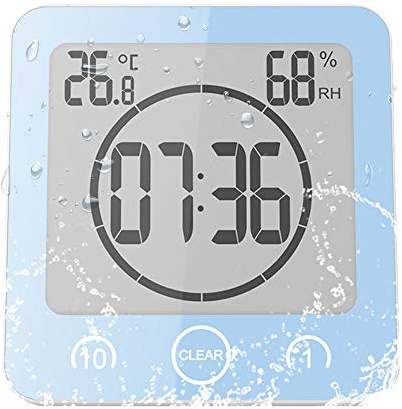 ALLOMN Reloj de Baño, LCD Reloj de Ducha Digital Alarma Impermeable Control Táctil Hum / ℉ Temperatura Humedad, Temporizador de Cuenta Regresiva, 3 Métodos de Montaje, Energía de la Batería (Azul)