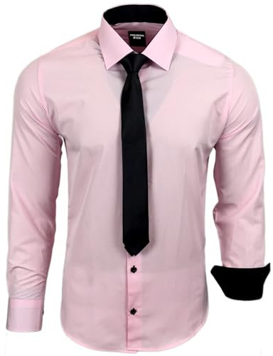 Subliminal Mode - Chemise Homme Manches Longues Col Bicolore Uni + Cravate Noir Chemise Coupe Ajusté Business Repassage Facile RN77 Rose Pale S