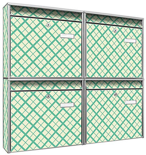 banjado Briefkastenanlage 4 Fach - Postkästen groß - verzinkter Stahl Silber DIN A4 Motiv Rautenmuster - Briefkasten Set 4 Briefkästen Namensschild, 2 Schlüssel, Montagematerial