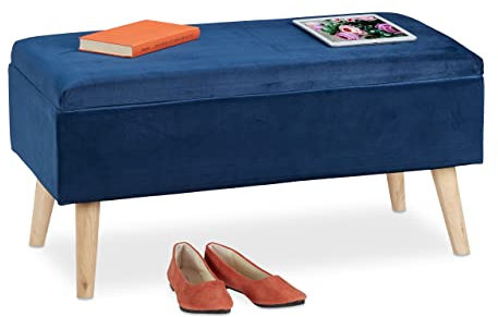 Relaxdays Baúl Almacenamiento, Terciopelo, 40 L, Acolchado, Patas Madera, Asiento Almacenaje, 41x80x40 cm, Azul Oscuro, 1 Unidad