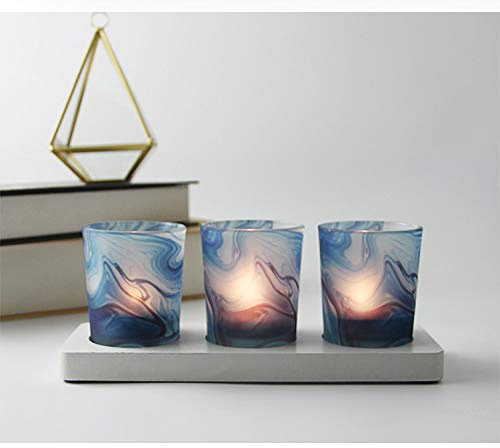 FLCSIed Glass Votive Tea Light Candle Holder Set of 3, Frosted Glass Holders with Sky Blue Patterns -Tealight Candle Holder for Weddings, Party and Home Decor (Blue River)