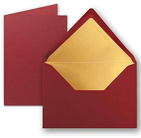 GUSTAV NEUSER - Set di 10 biglietti pieghevoli, formato DIN A5, con buste, formato DIN C5, con rivestimento metallico dorato, 14,8 x 21 cm, colore: Rosso scuro