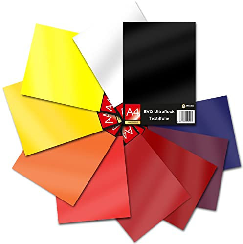 Evo Ultraflock Textilfolie für Plotter 33 Farben Flockfolie im Din A4 Format 30x20cm Plotterfolie für Stoff Kleidung T-Shirt Flock Folie Zubehör (10er Set bunt, Set 6)